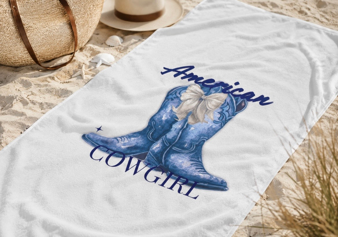 American Cowgirl Beach Towel | Watercolor Cowboy Boot | Patriotic Western