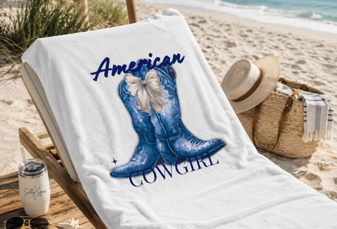 American Cowgirl Beach Towel | Watercolor Cowboy Boot | Patriotic Western