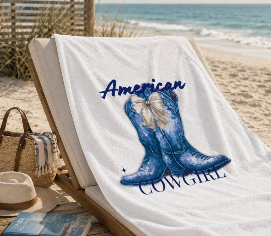 American Cowgirl Beach Towel | Watercolor Cowboy Boot | Patriotic Western