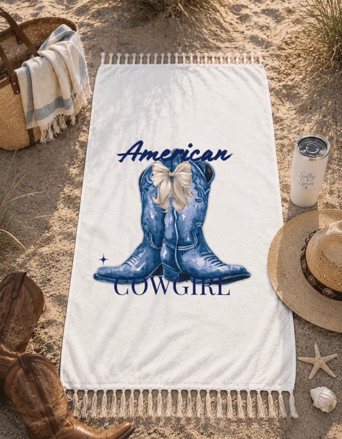 American Cowgirl Beach Towel | Boho Western Cowgirl Boots & Fringe | Salty Spur