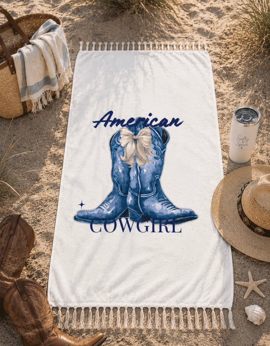 American Cowgirl Beach Towel | Boho Western Cowgirl Boots & Fringe | Salty Spur
