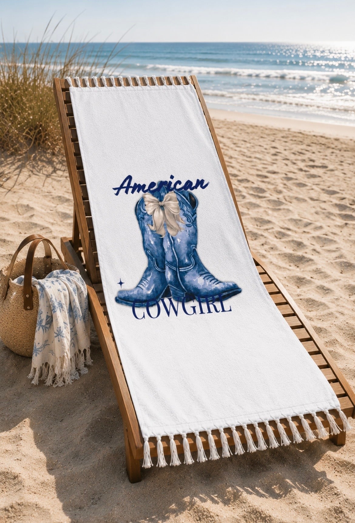 American Cowgirl Beach Towel | Boho Western Cowgirl Boots & Fringe | Salty Spur