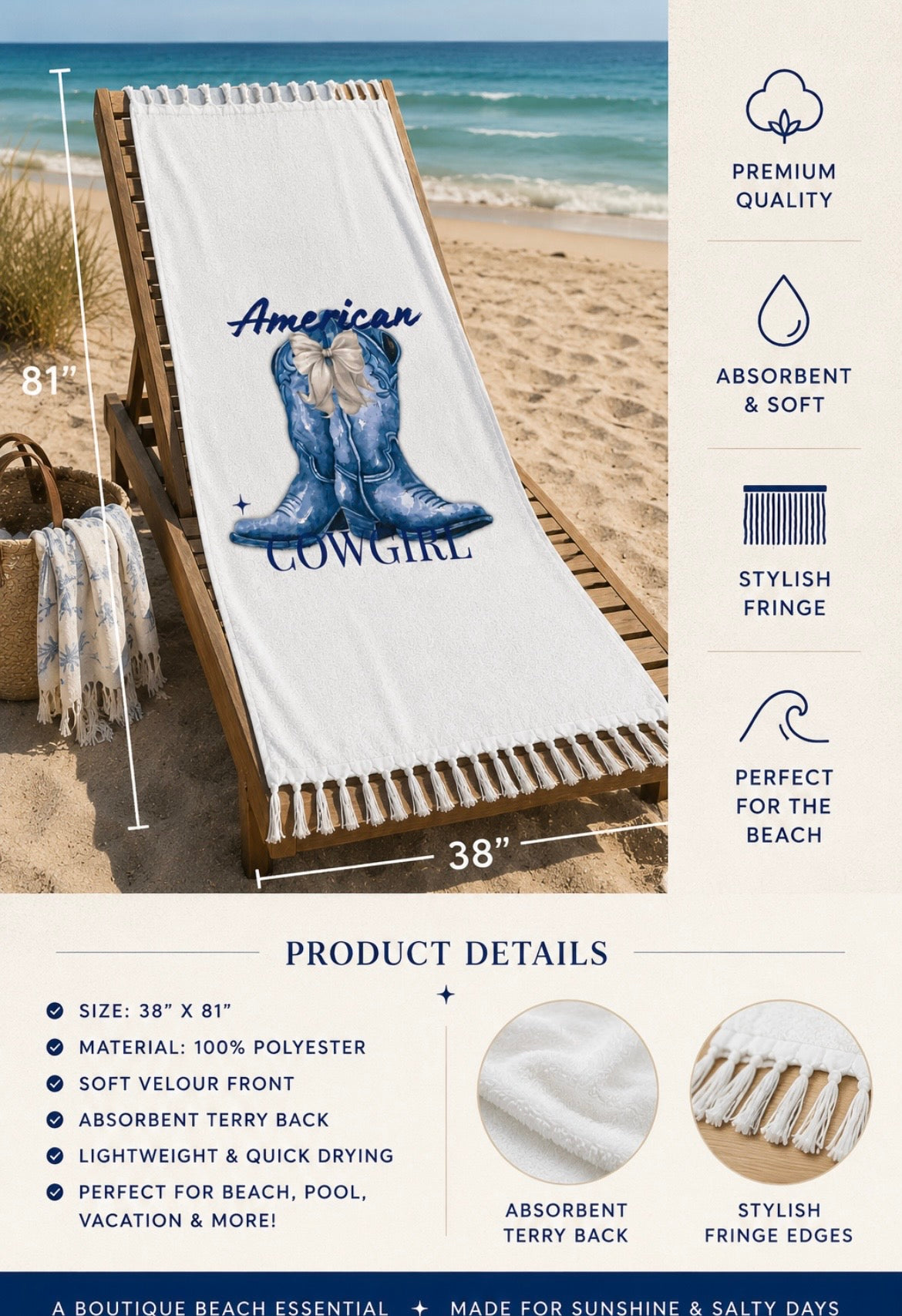 American Cowgirl Beach Towel | Boho Western Cowgirl Boots & Fringe | Salty Spur
