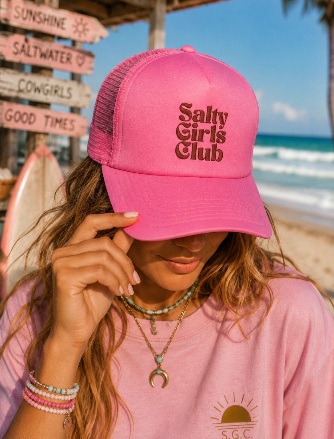 Salty Girls Club Pink Trucker Cap — Embroidered Snapback