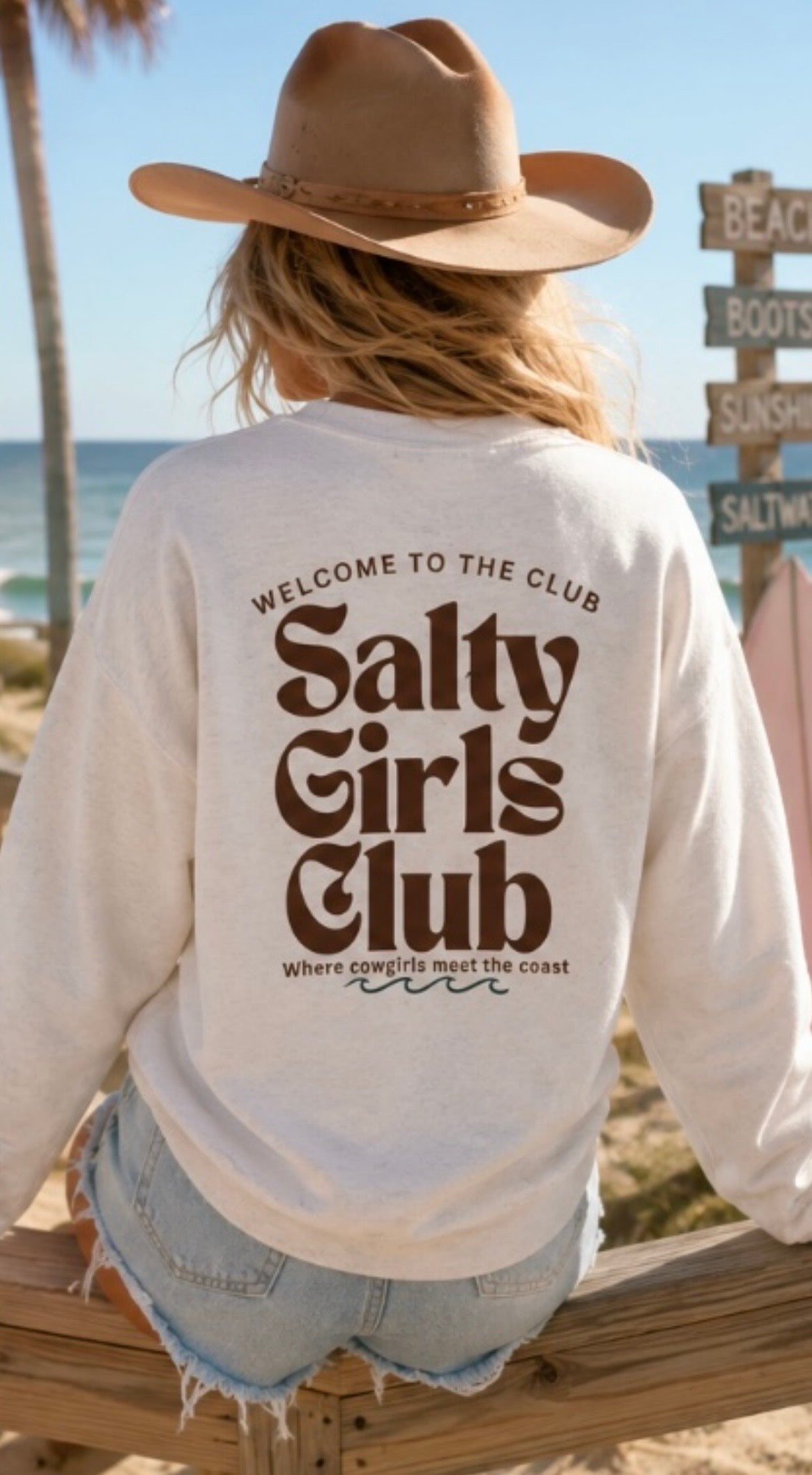 Salty Girls Club Crewneck Sweatshirt — Retro Surf Embroidered Pullover