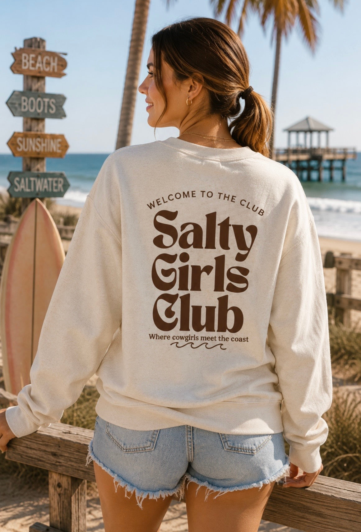 Salty Girls Club Crewneck Sweatshirt — Retro Surf Embroidered Pullover