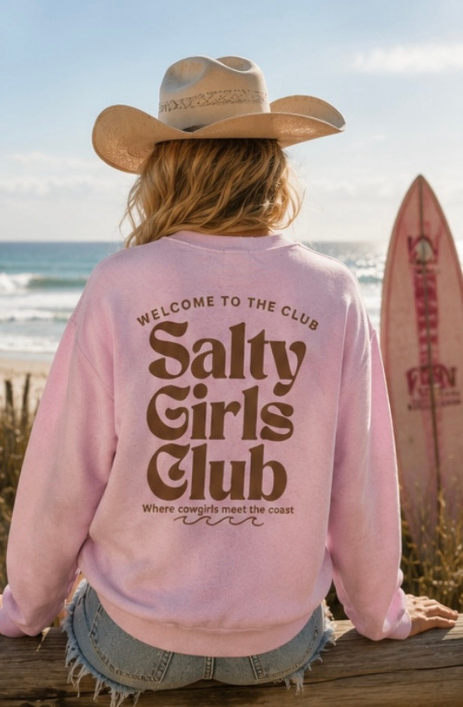 Salty Girls Club Crewneck Sweatshirt — Retro Surf Embroidered Pullover