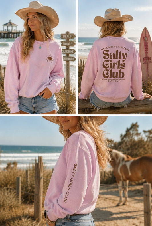 Salty Girls Club Crewneck Sweatshirt — Retro Surf Embroidered Pullover