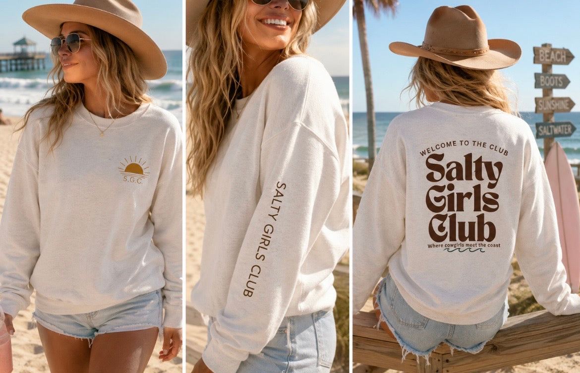 Salty Girls Club Crewneck Sweatshirt — Retro Surf Embroidered Pullover