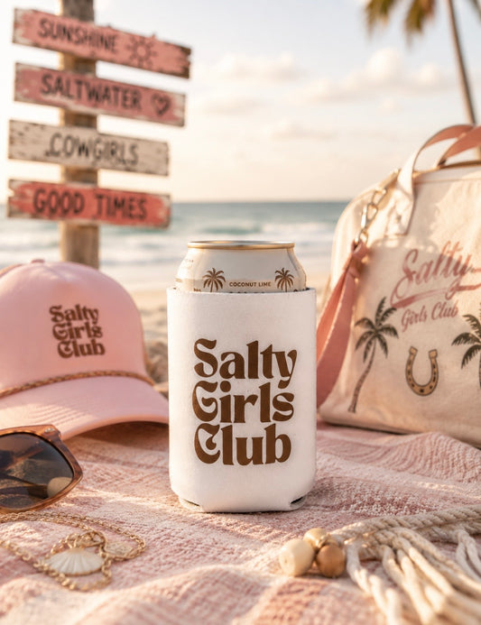 Salty Girls Club Can Cooler Sleeve — Retro Beach Neoprene Drink Sleeve