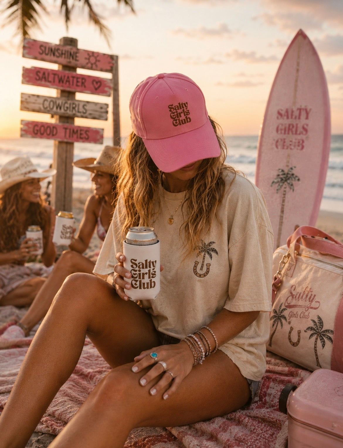 Salty Girls Club Can Cooler Sleeve — Retro Beach Neoprene Drink Sleeve