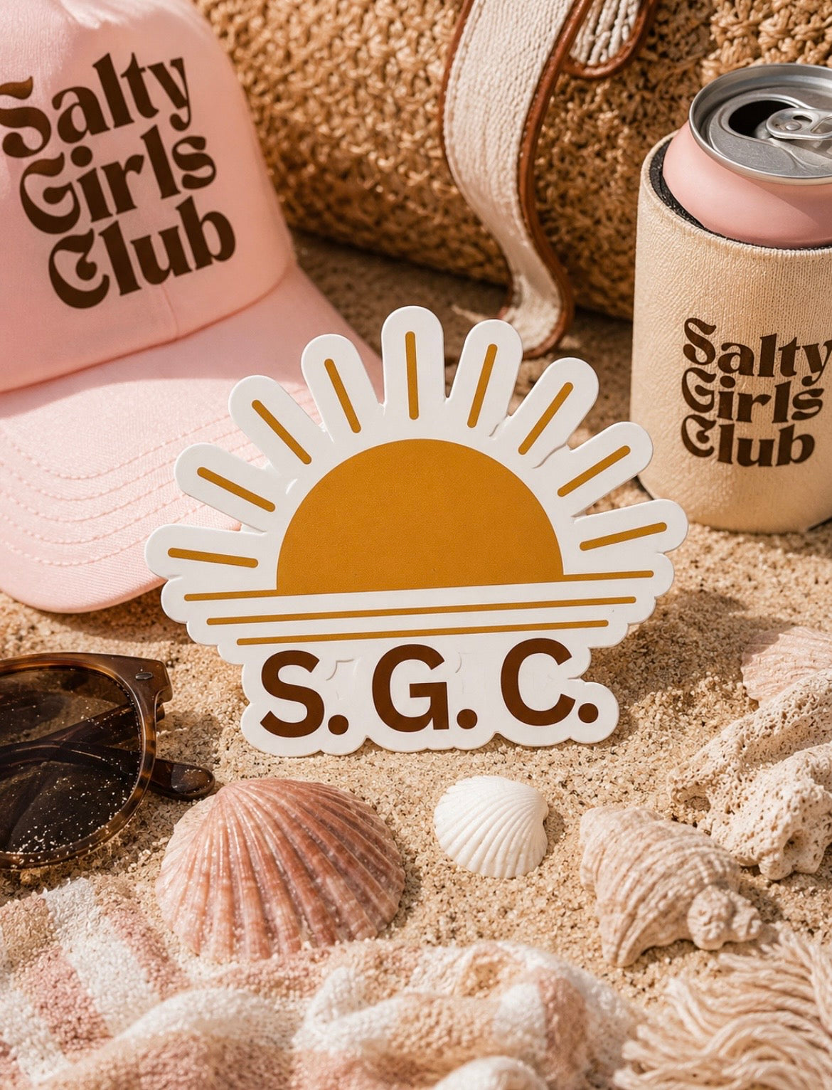 Salty Girls Club Sunrise Kiss-Cut Sticker — Retro Golden Sun Decal