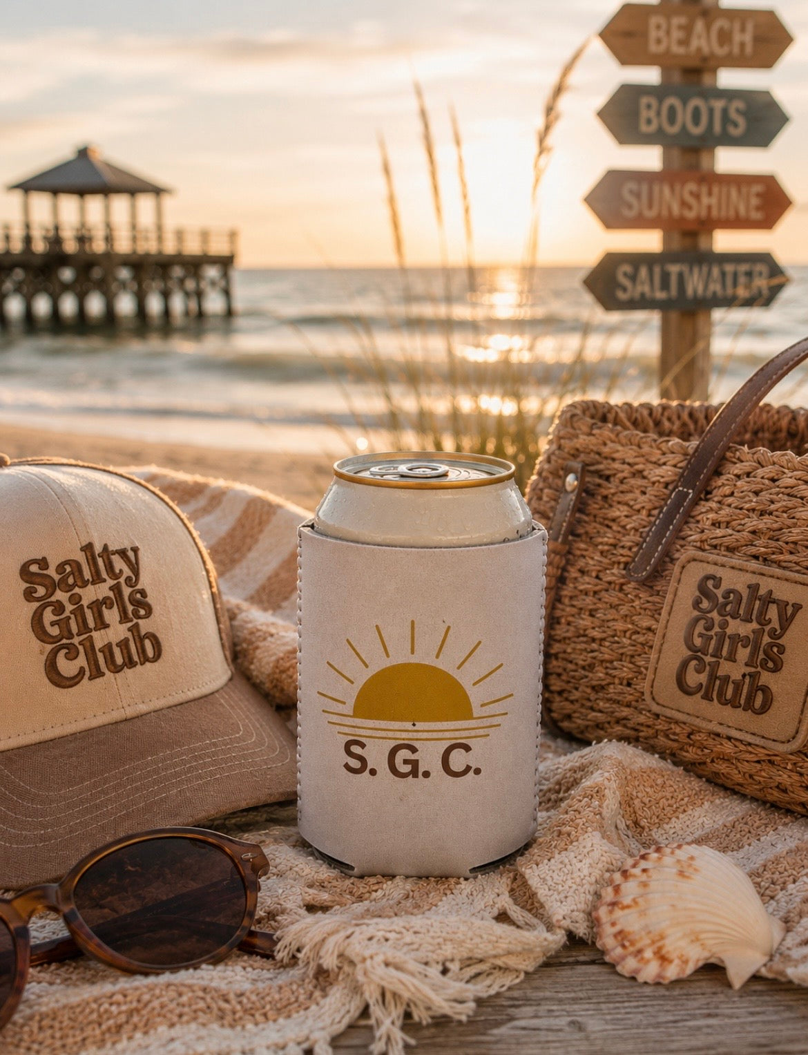 Salty Girls Club Sunset Can Cooler Sleeve — Retro Sunrise Neoprene Drink Sleeve
