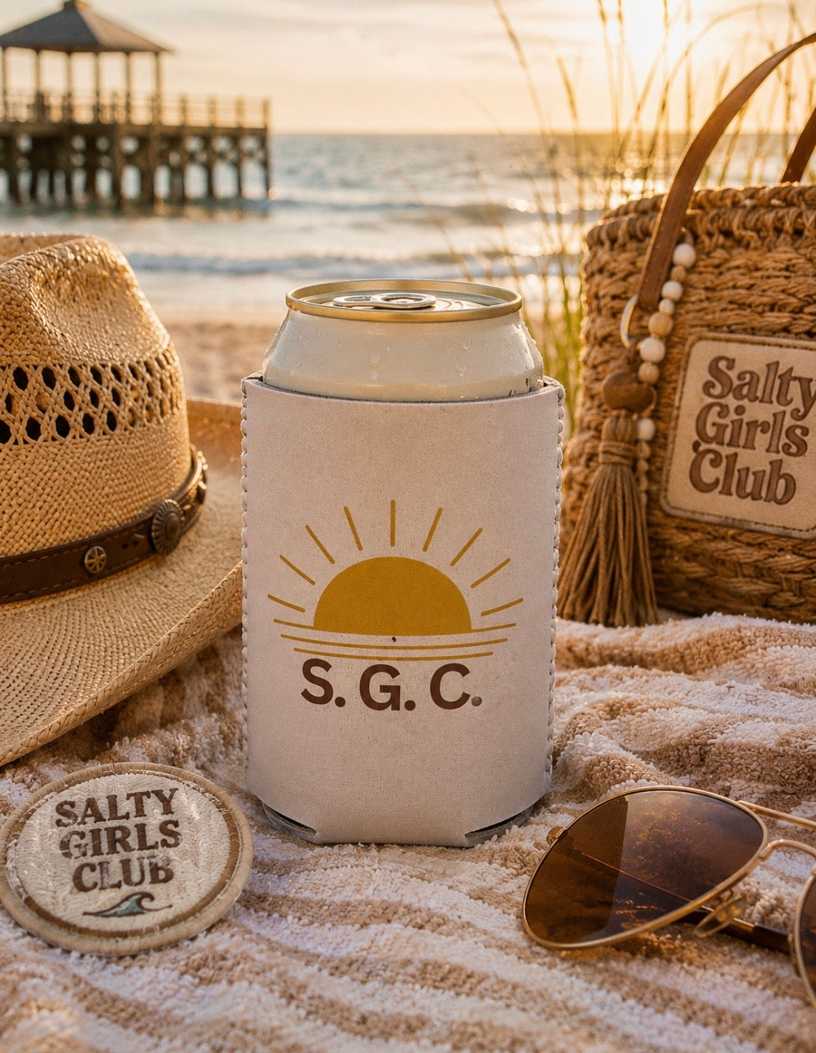Salty Girls Club Sunset Can Cooler Sleeve — Retro Sunrise Neoprene Drink Sleeve