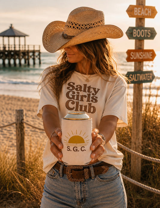 Salty Girls Club Sunset Can Cooler Sleeve — Retro Sunrise Neoprene Drink Sleeve