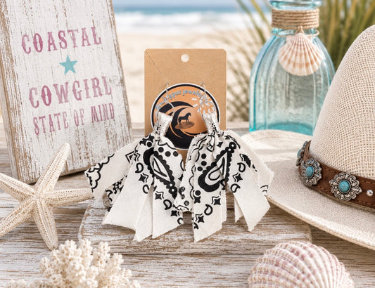 Cowgirl Core Bandana Earrings – Cream & Black
